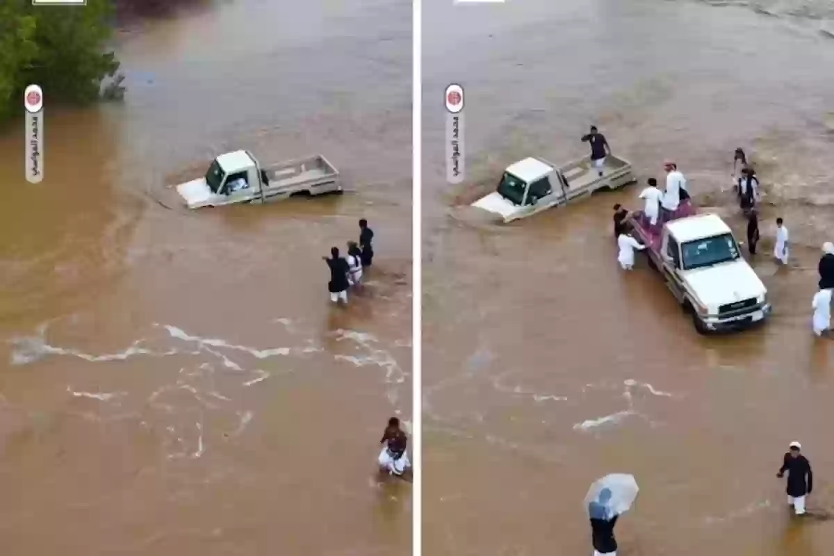 سيول قوية في وادي خلب في جازان.. والمواطنون ينقذون رجال الدفاع المدني!!